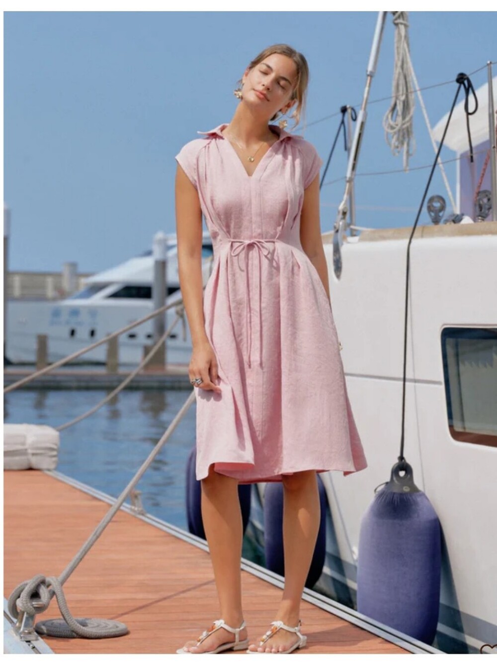 OGL Pink Viscose-Linen Collared V-Neck Midi Dress with Drawstring